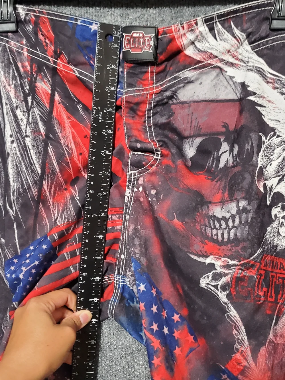 Vintage MMA Elite American Flag Skull Fight Board Shorts Mens L Patriotic USA